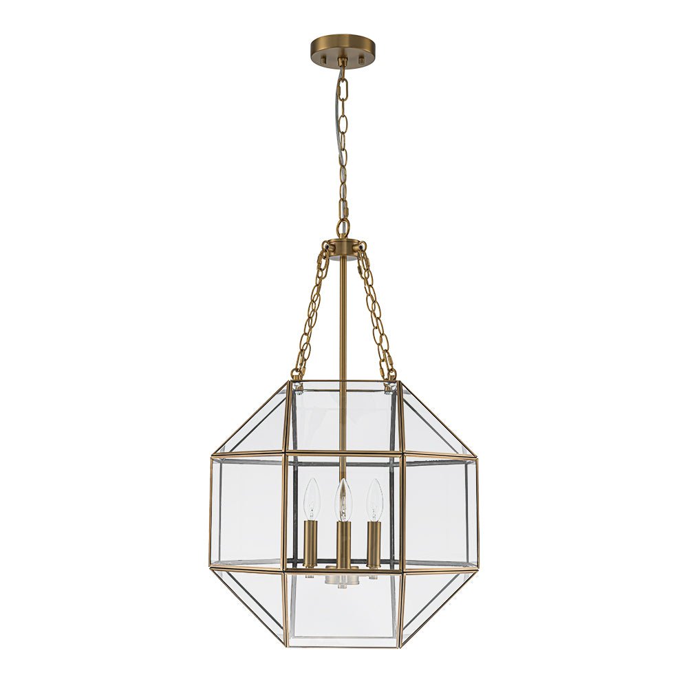 Zoruvio Geometric Cube Lantern Brass Clear Glass Pendant Light