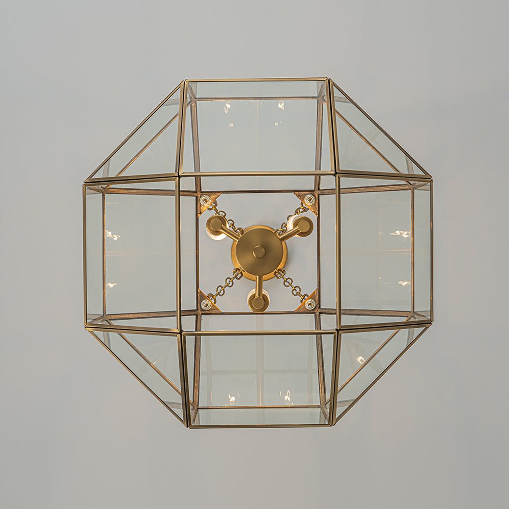 Zoruvio Geometric Cube Lantern Brass Clear Glass Pendant Light