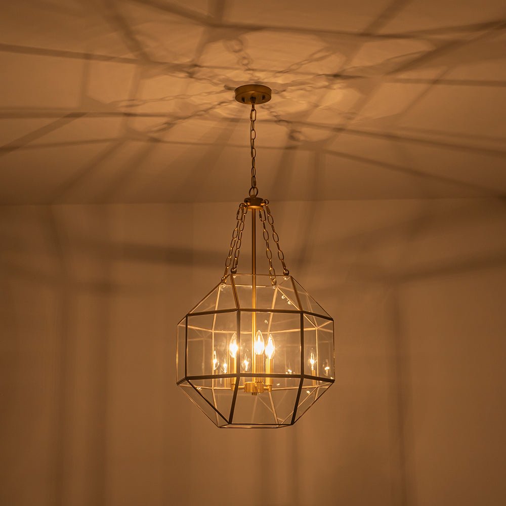 Zoruvio Geometric Cube Lantern Brass Clear Glass Pendant Light