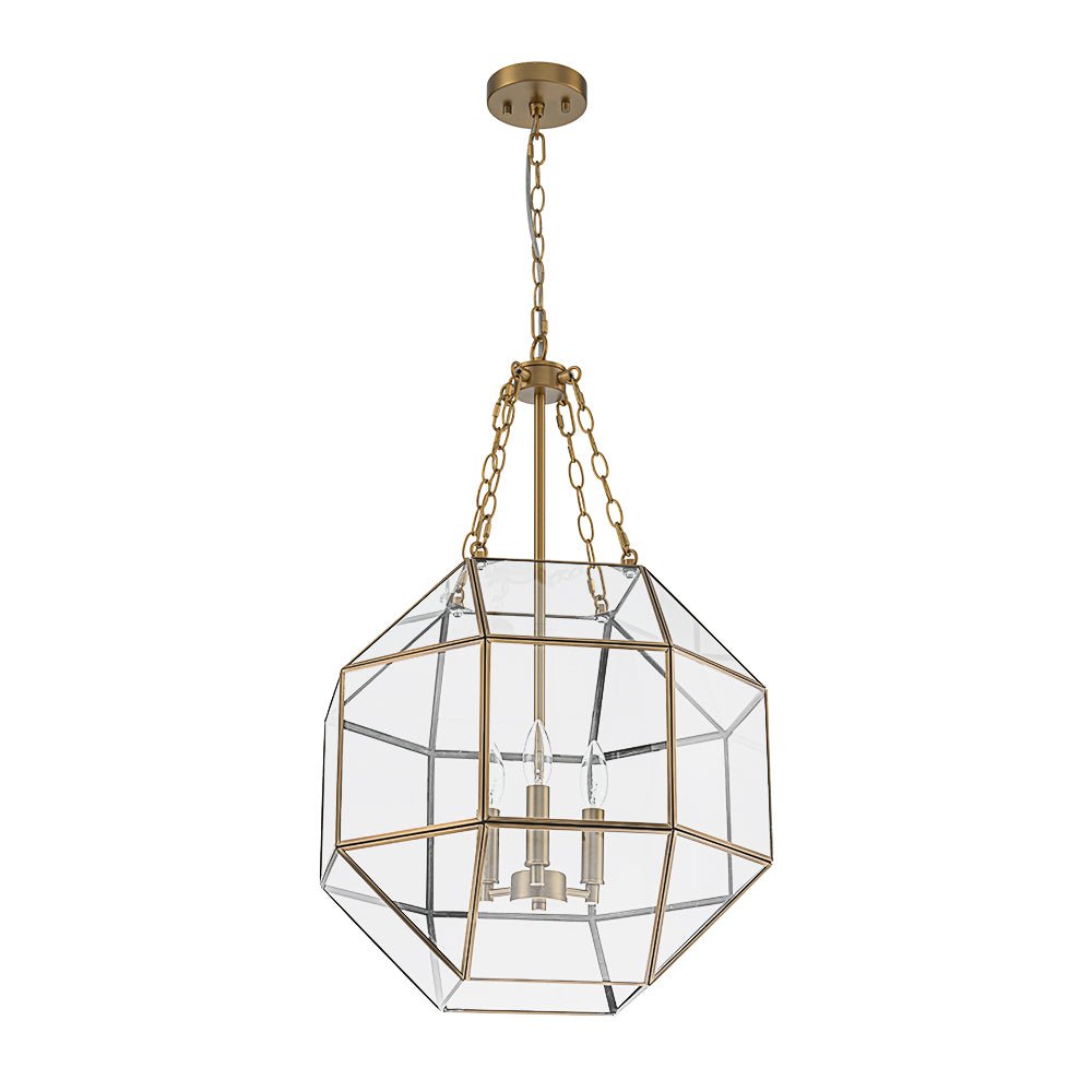 Zoruvio Geometric Cube Lantern Brass Clear Glass Pendant Light