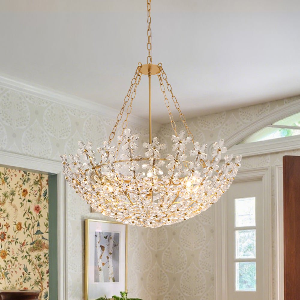 Gloruvyt Luxe Brass Bloom Floral Basket Crystal Chandelier