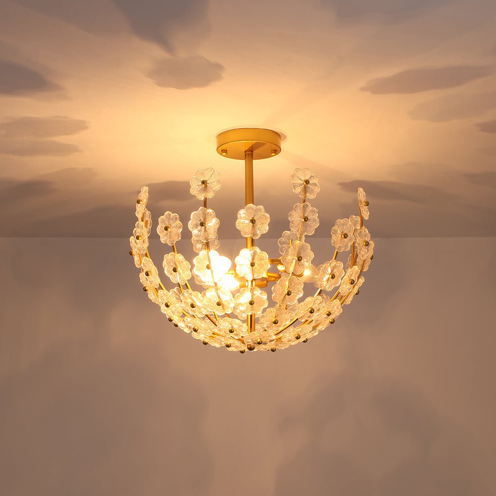 Yrvun Sculpture Brass Bloom Floral Glass Semi Flush Mount Light