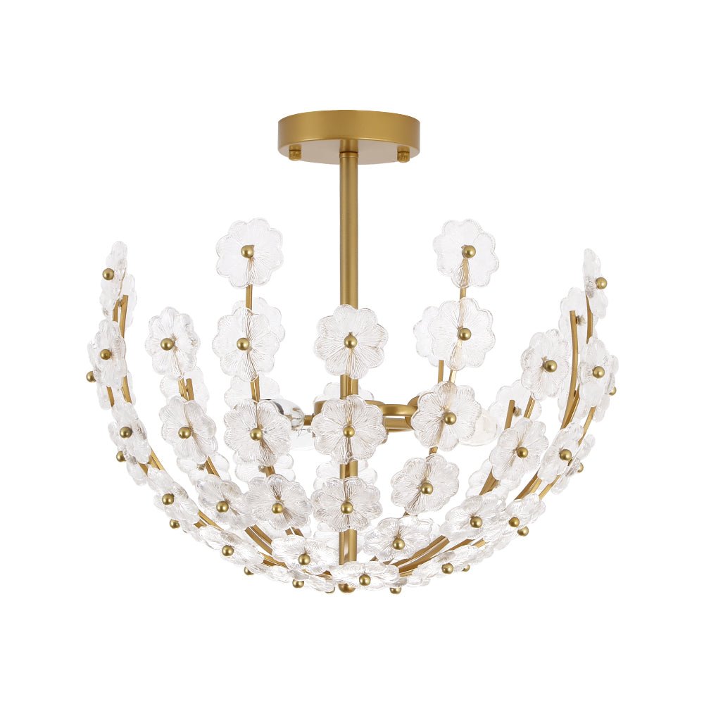 Yrvun Sculpture Brass Bloom Floral Glass Semi Flush Mount Light