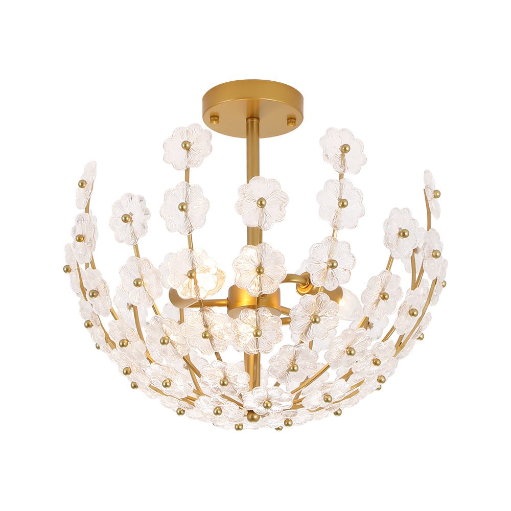 Yrvun Sculpture Brass Bloom Floral Glass Semi Flush Mount Light