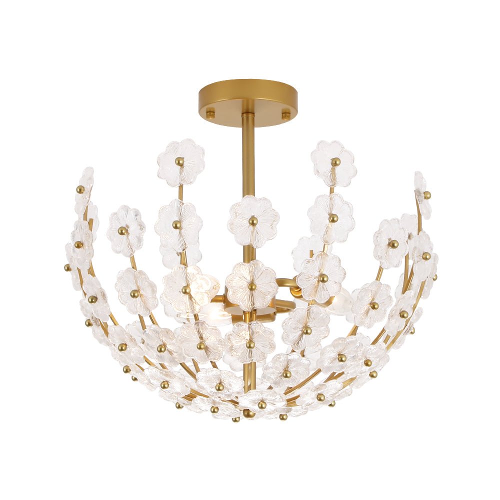 Yrvun Sculpture Brass Bloom Floral Glass Semi Flush Mount Light