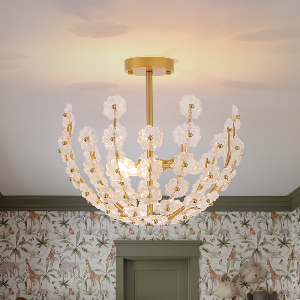 Yrvun Sculpture Brass Bloom Floral Glass Semi Flush Mount Light
