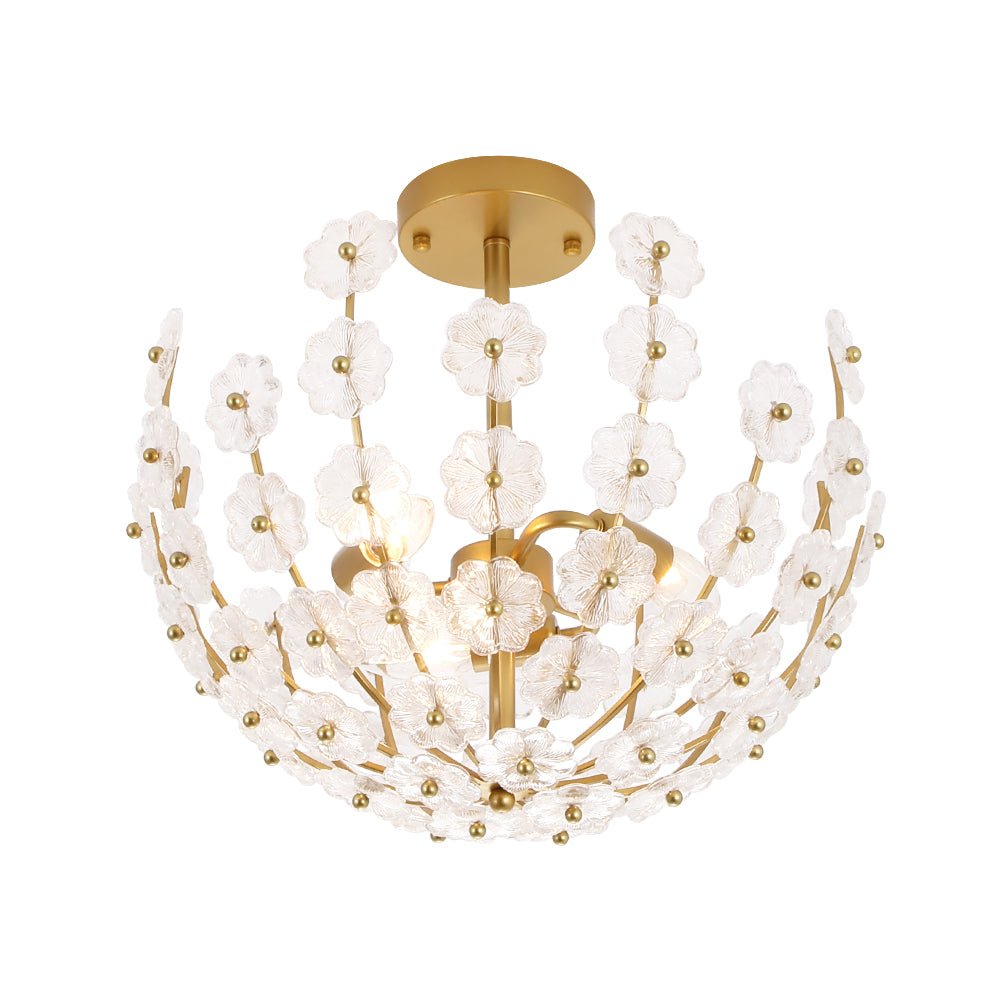Yrvun Sculpture Brass Bloom Floral Glass Semi Flush Mount Light