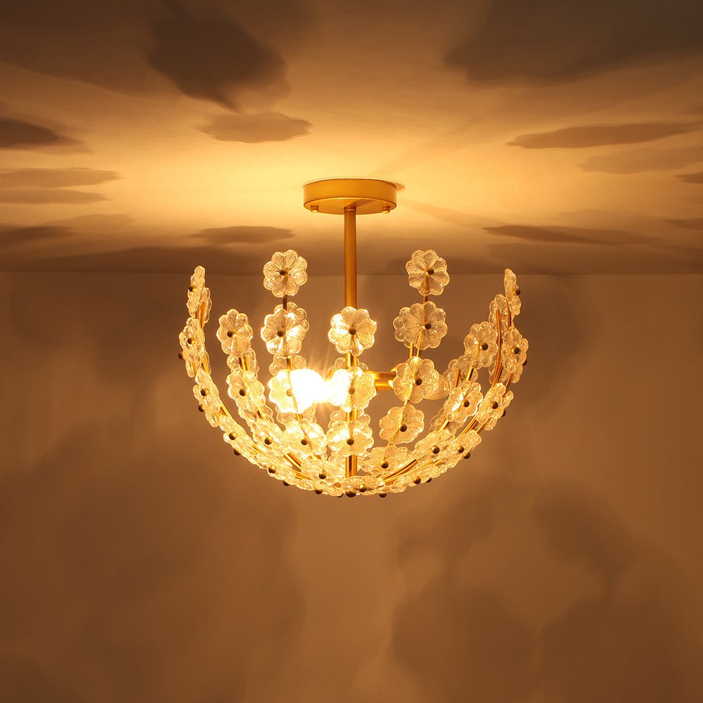 Yrvun Sculpture Brass Bloom Floral Glass Semi Flush Mount Light