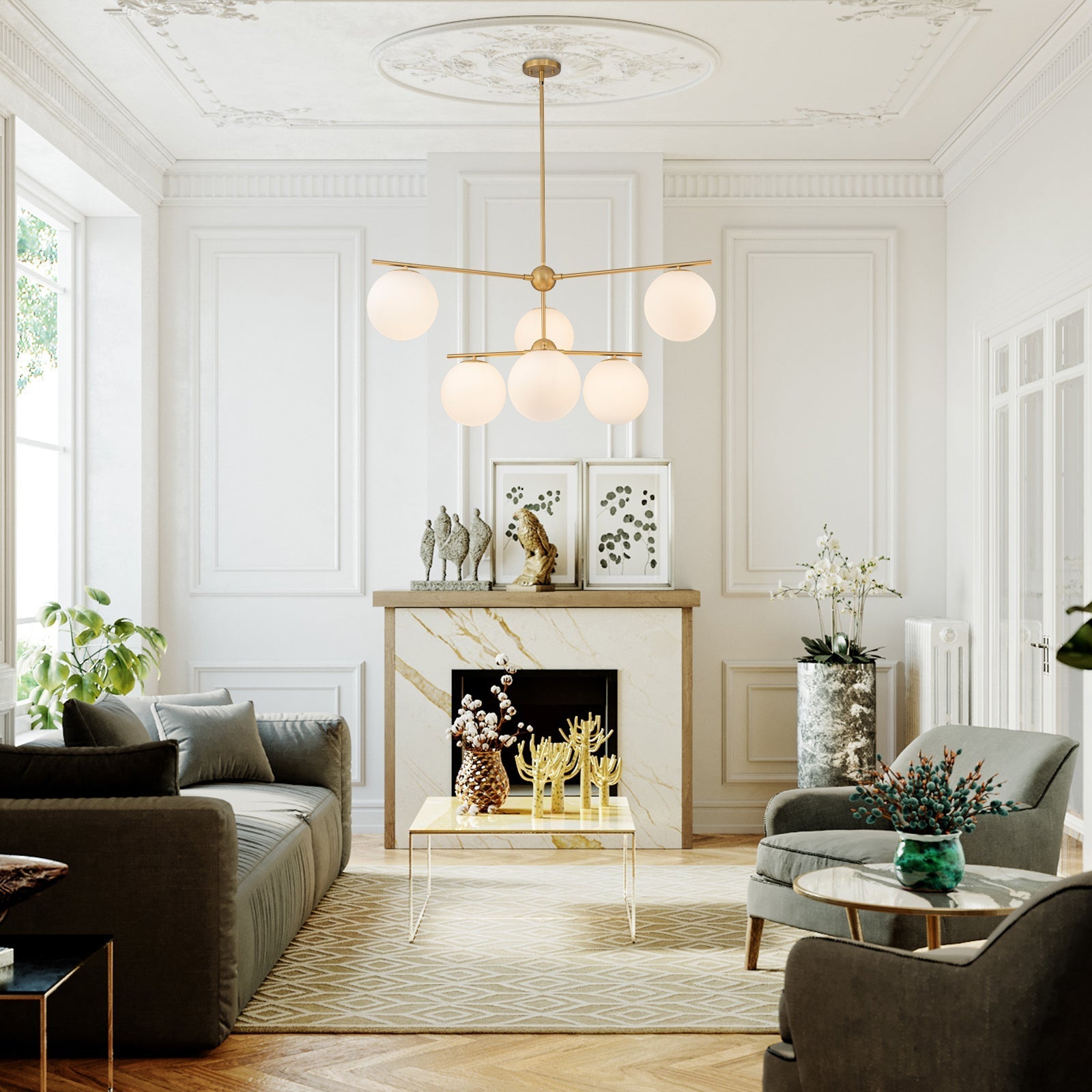 Ildvuva Funky Linear Sputnik Globe Tier Bubble Opal Glass Chandelier