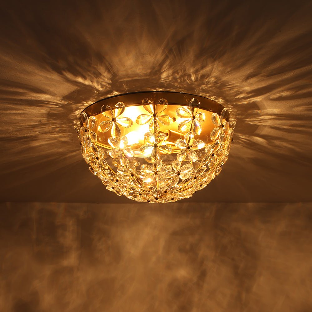 Jarnbruvx Luxe Brass Bloom Floral Cage Crystal Flush Mount Light