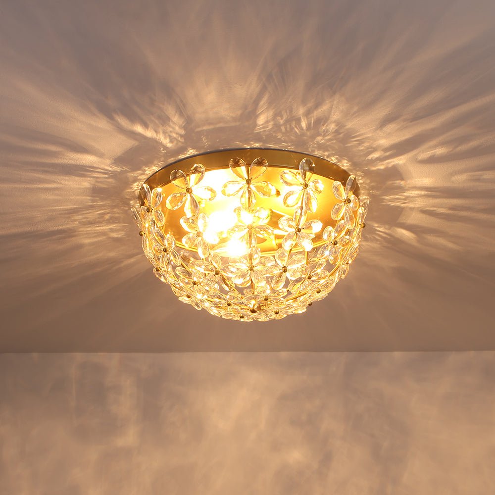 Jarnbruvx Luxe Brass Bloom Floral Cage Crystal Flush Mount Light