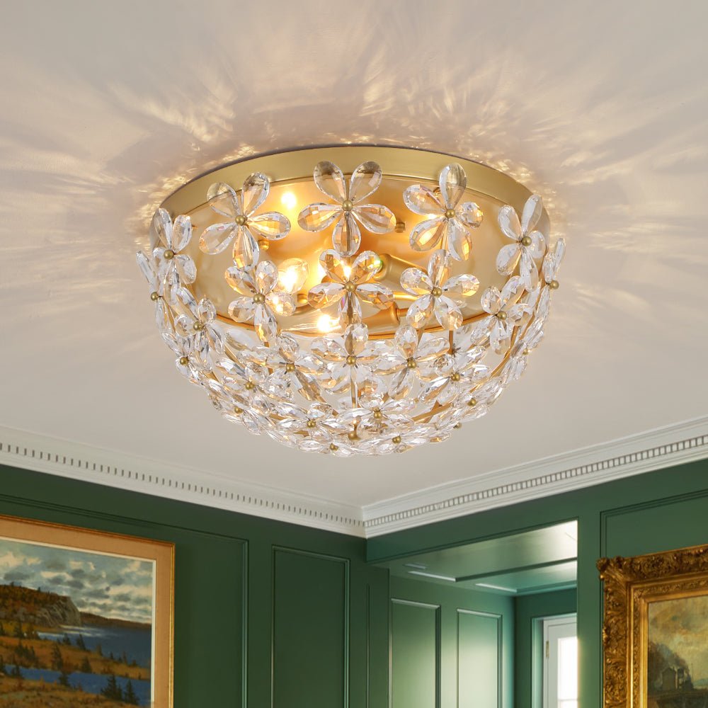 Jarnbruvx Luxe Brass Bloom Floral Cage Crystal Flush Mount Light