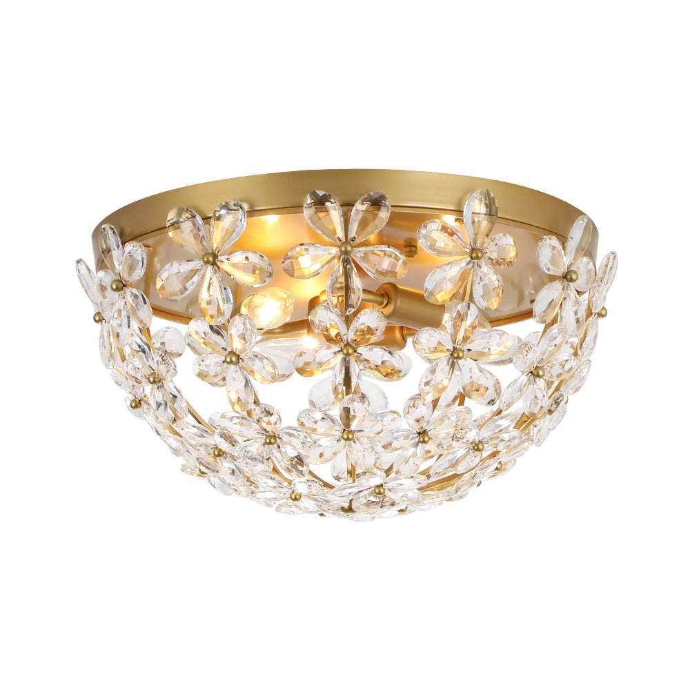 Jarnbruvx Luxe Brass Bloom Floral Cage Crystal Flush Mount Light