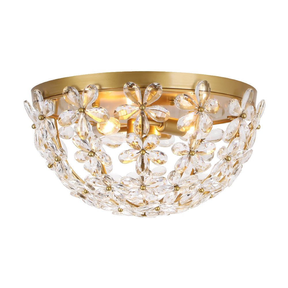 Jarnbruvx Luxe Brass Bloom Floral Cage Crystal Flush Mount Light