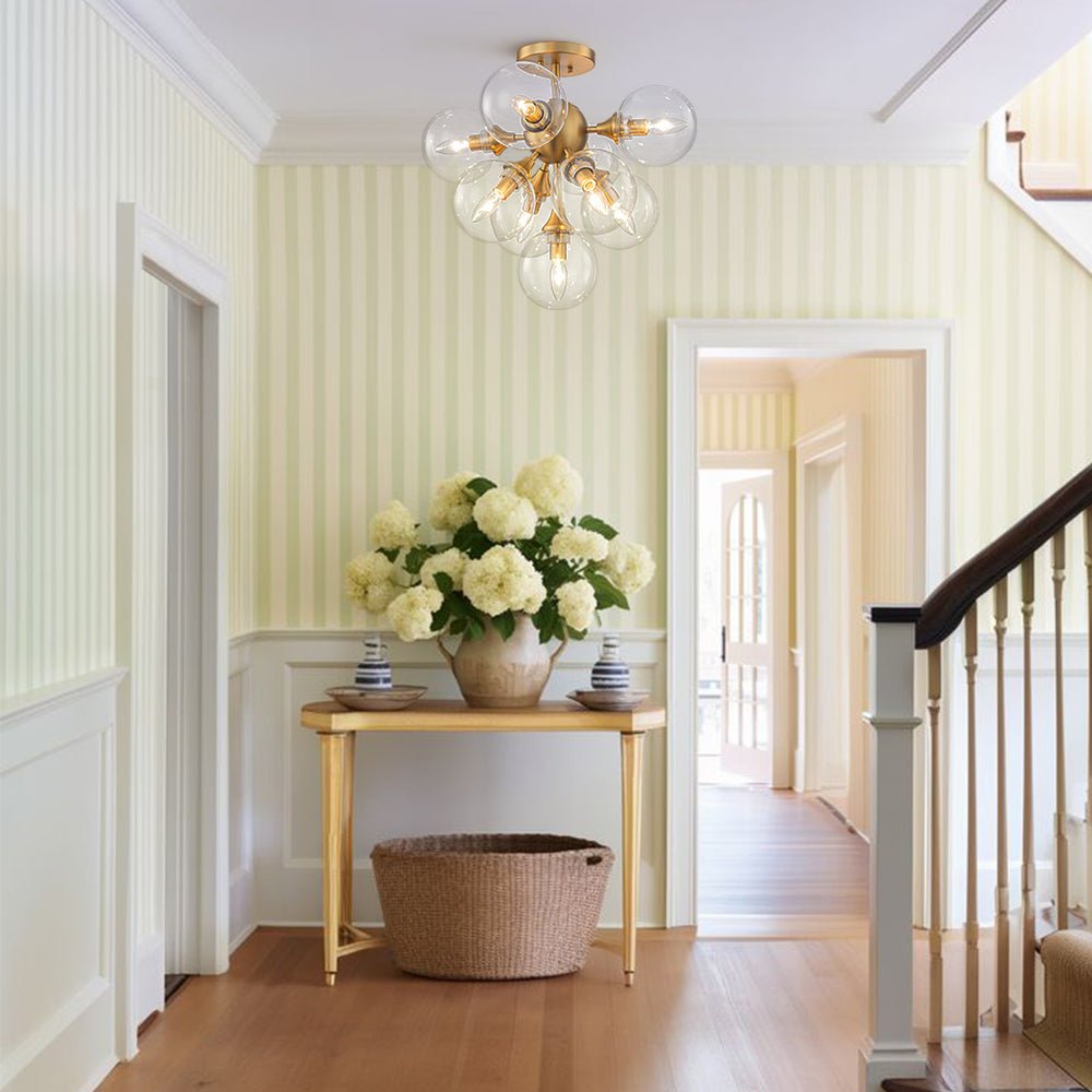 Tinduvyx Mid-Century Bubble Tiered Brass Glass Semi Flush Chandelier