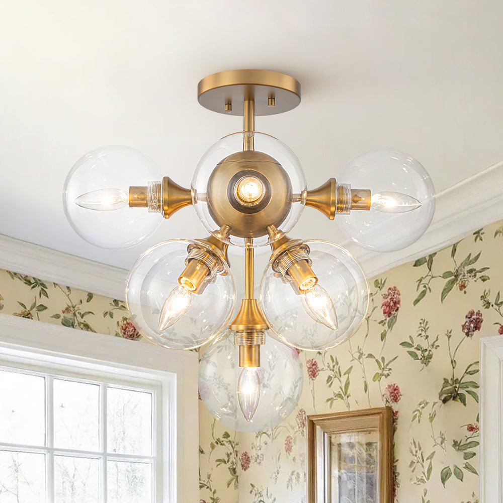 Tinduvyx Mid-Century Bubble Tiered Brass Glass Semi Flush Chandelier