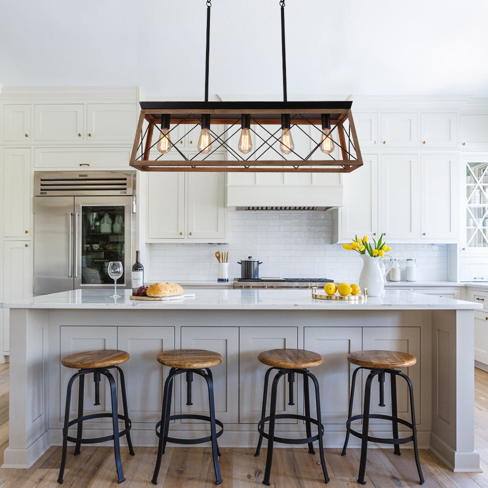 Modern Linear Faux Wood Chandelier Pendant Light - Lamp Copper