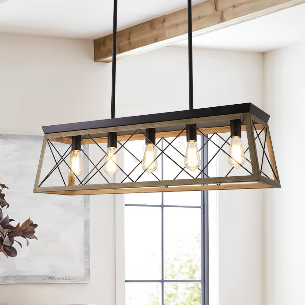 Modern Linear Faux Wood Chandelier Pendant Light - Lamp Copper