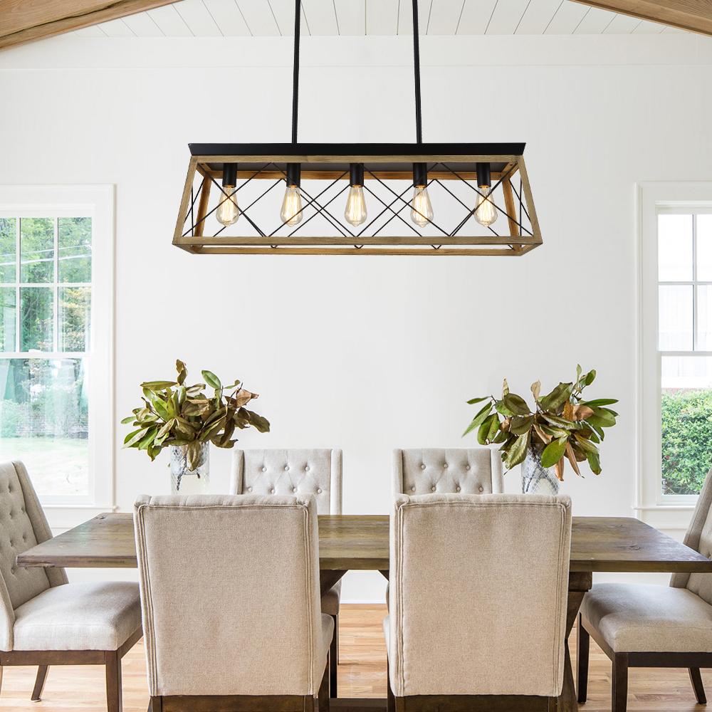 Modern Linear Faux Wood Chandelier Pendant Light - Lamp Copper