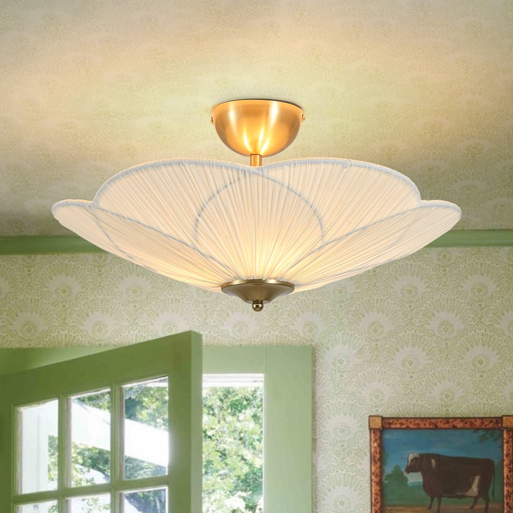 Ornuvux Pleated Flower White Fabric Semi Flush Mount Ceiling Light