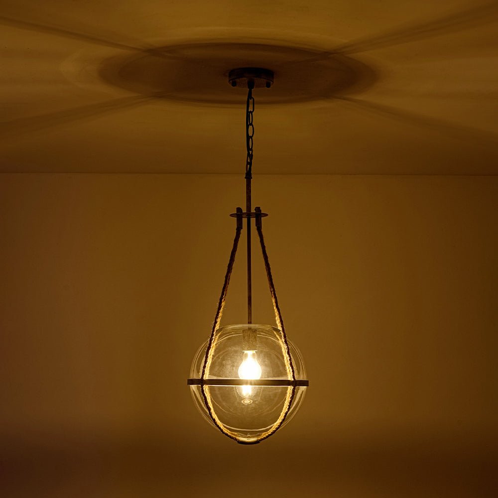 Yrvuvyr Rustic Hemp Rope Distressed White Glass Pendant Light
