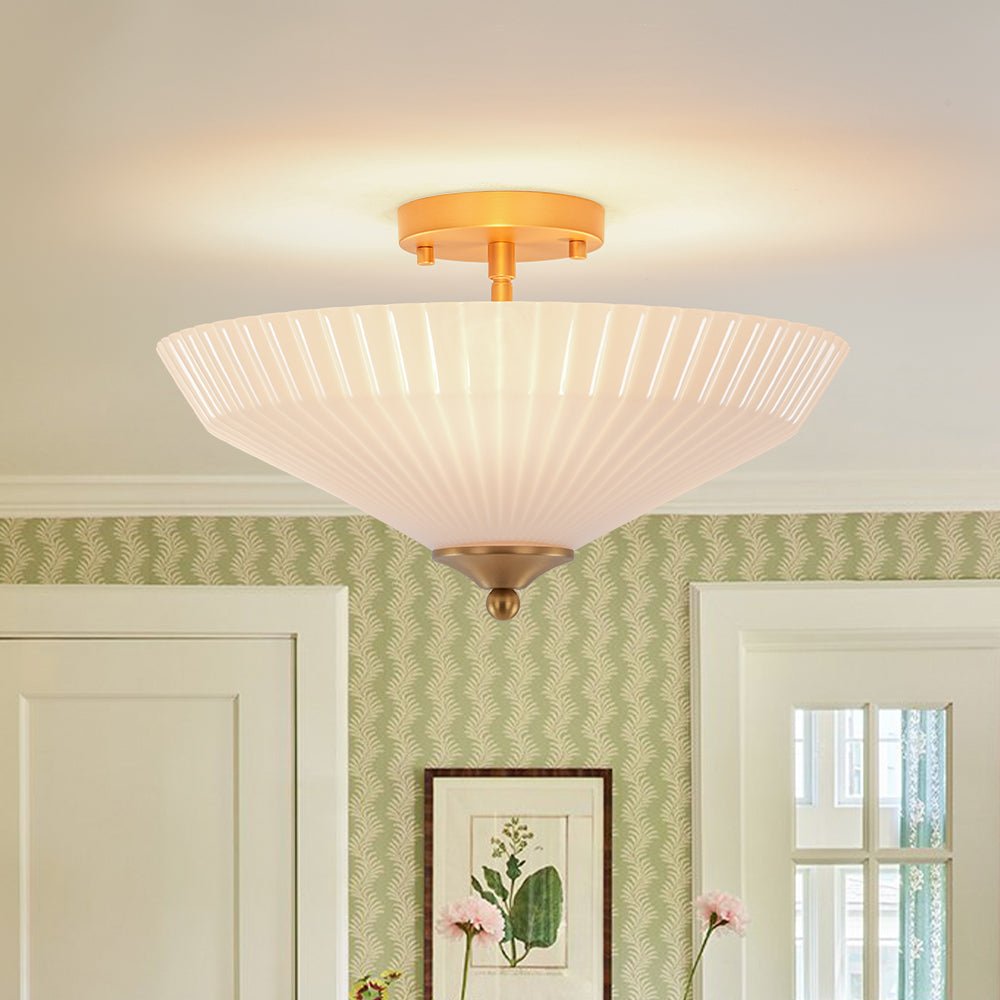 Waegnuvum Sculptural Shine Pleated Cone Opal Glass Semi Flush Mount Ceiling Light